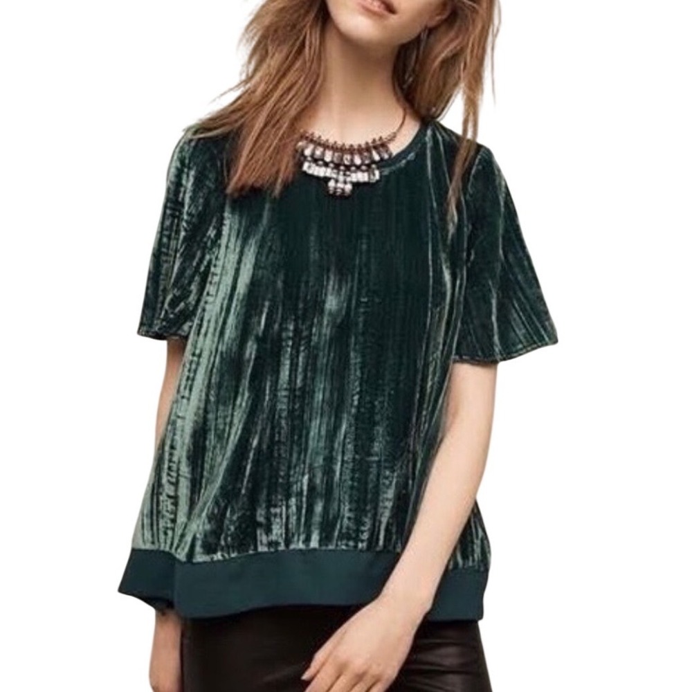 Maeve Velvet Blouse Women XS Green Excellent Sheer Back Short Sleeve Top